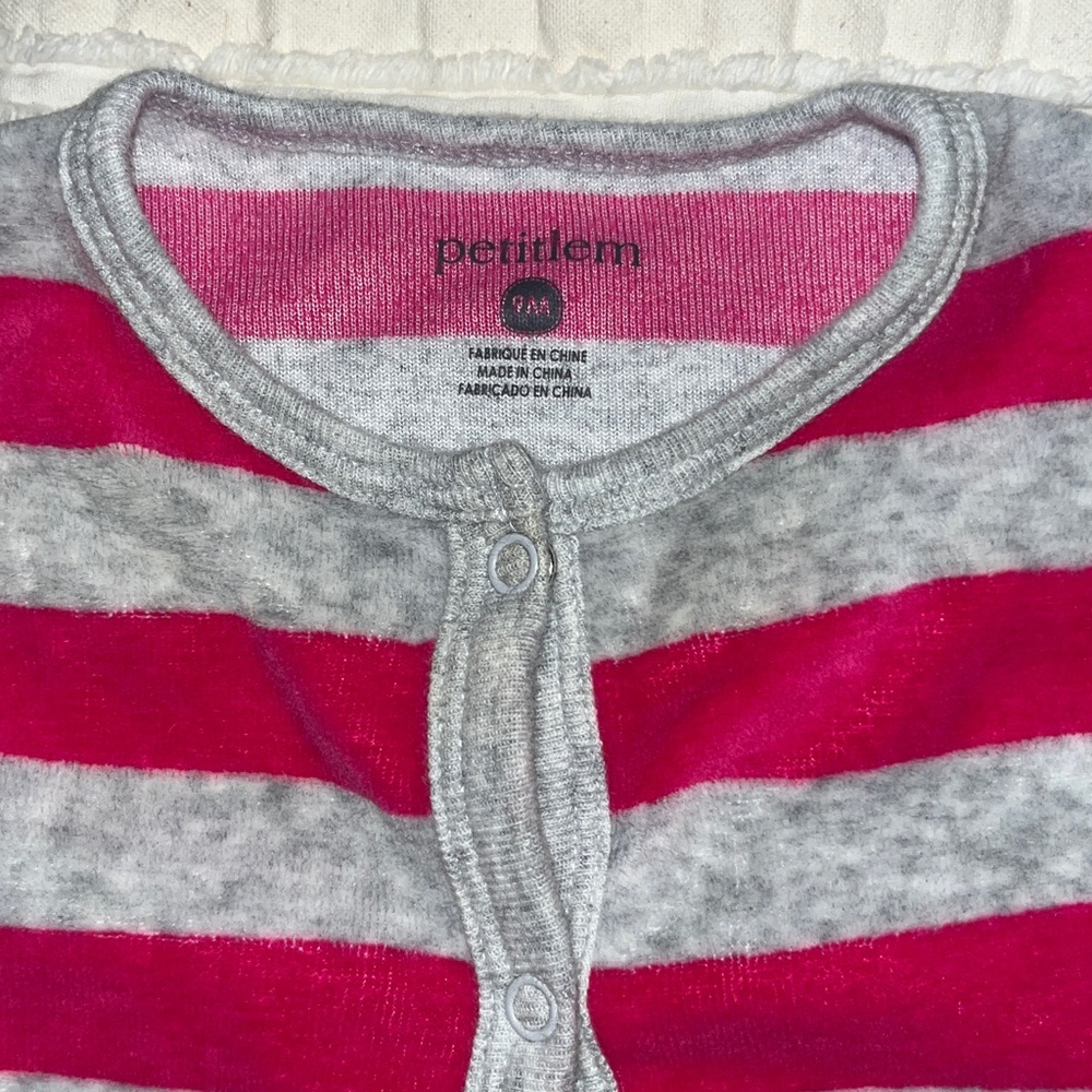 Petit Lem Fuchsia and Gray Striped snap onesie